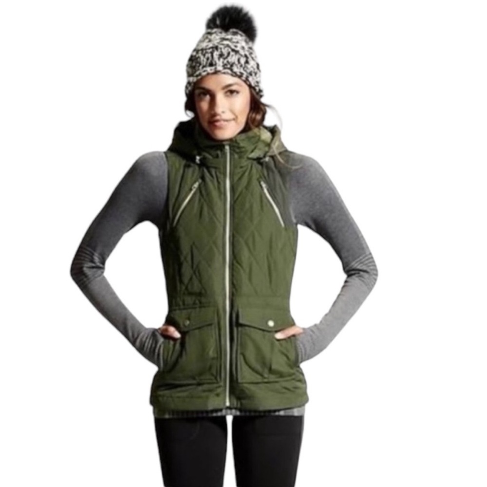 ATHLETA Teton Green Quilted Hooded Zip Front Utility Vest Size Medium